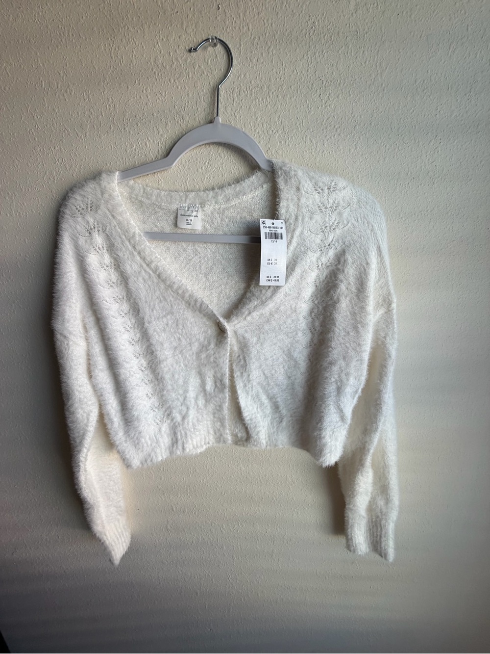 abercrombie kids White Fuzzy Cropped V-Neck Cardigan